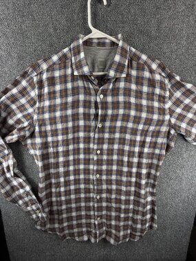 Eleventy Linen Extra Slim Long Sleeve Button Up Shirt Plaid Brown Blue XL Woven